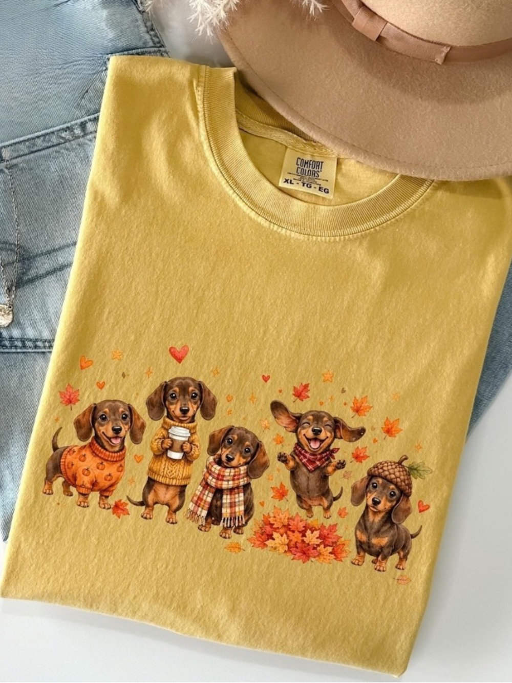 Comfort Colors Dachshund With Leaves Autumn Graphic Tee For Dog Mom